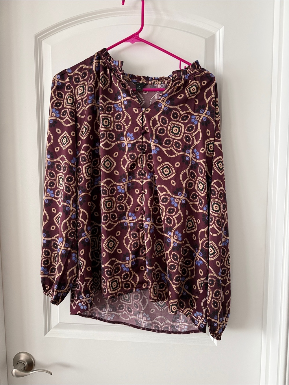 Ann Taylor Burgundy Geometric Print Long-Sleeve Blouse